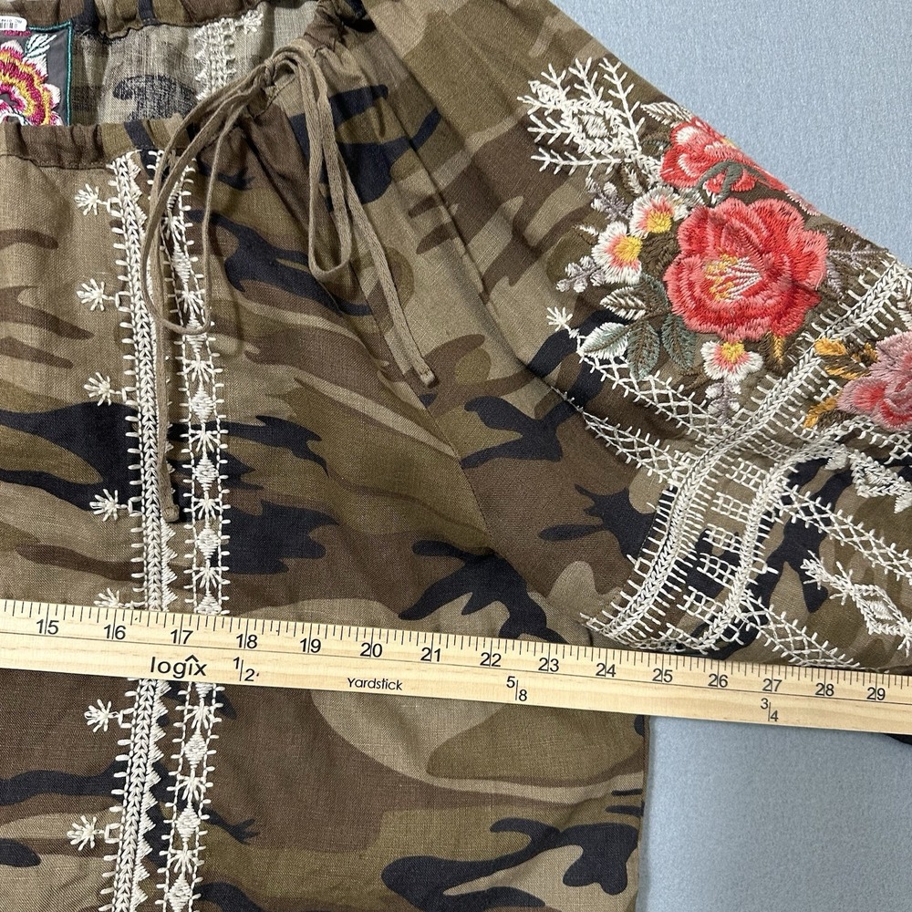 Johnny Was Linen Top Women's XXL Camo Floral Embroidered Balling Sleeve Boho - Picture 5 of 11